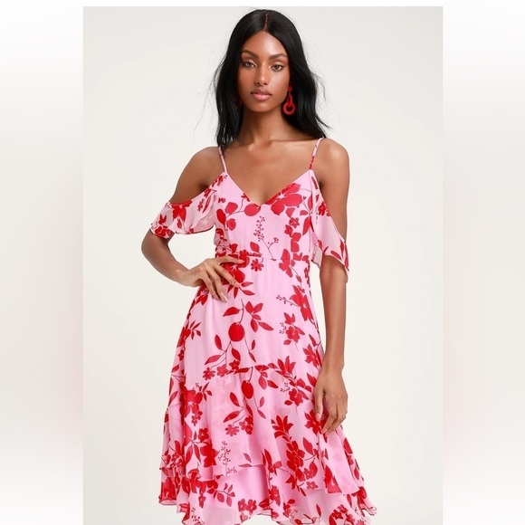 Lulus Valorous Vera Pink Floral Print Midi Dress Size Medium - Picture 3 of 12